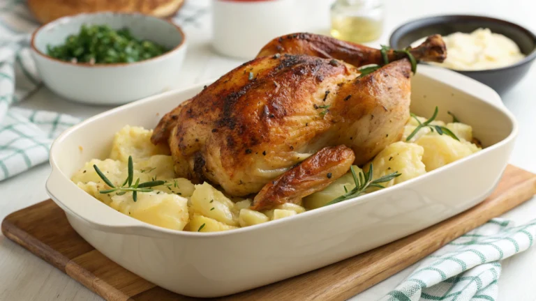 Poulet rôti au four & pommes de terre fondantes - recette française