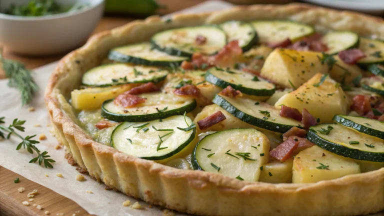 Tarte rustique courgettes, pommes de terre et lardons - recette française