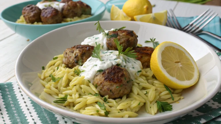 Boulettes Grecques & Orzo Citronné avec Crème de Feta - recette française