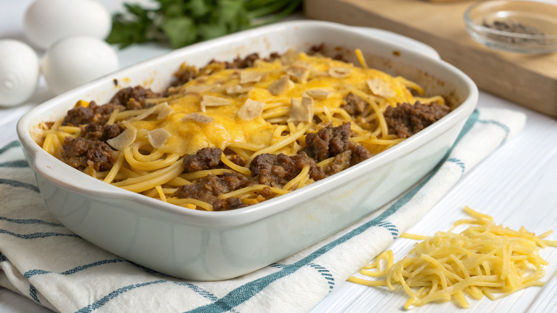 Casserole de bœuf et cheddar avec nouilles aux œufs - instructions de préparation