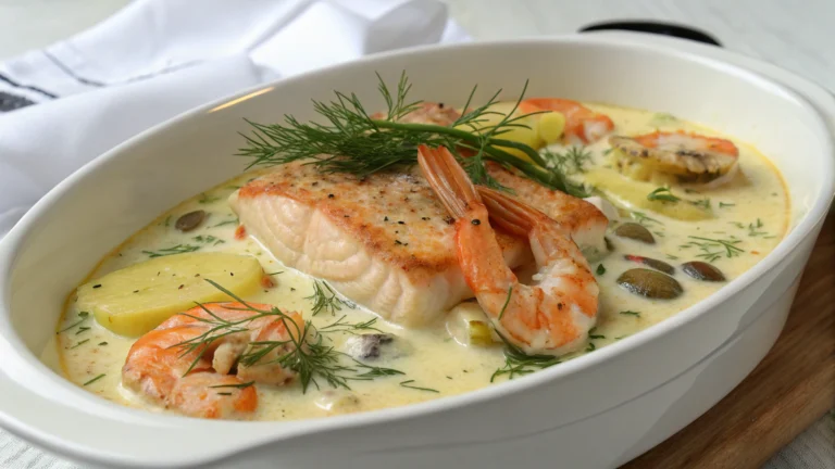 Cassolette de Poissons et Fruits de Mer, Sauce Crémeuse au Vin Blanc, Safran et Aneth - recette française