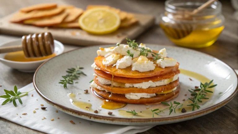 Millefeuille de Patate Douce et Chèvre Frais, Sauce au Miel et Citron - recette française