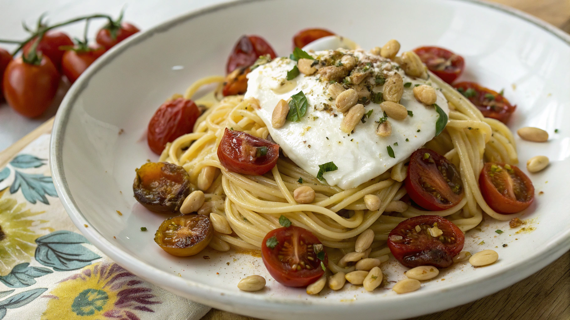 Pâtes au soleil : burrata, tomates confites et pignons - instructions de préparation