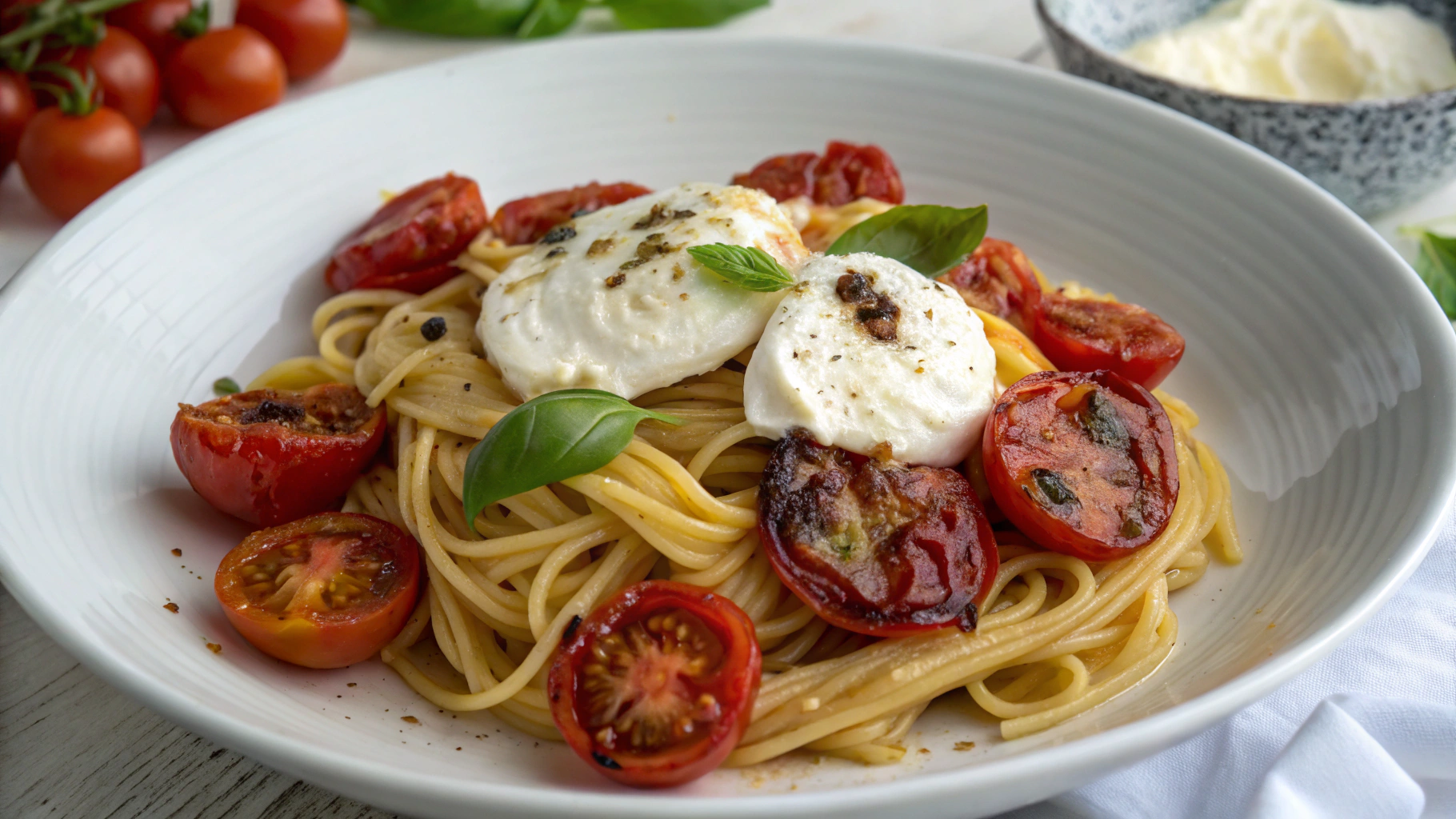 Pâtes estivales à la burrata & tomates confites - recette française