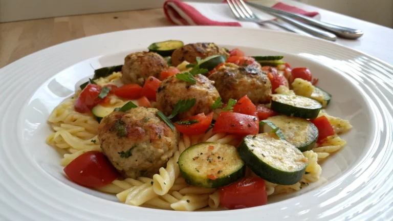 Pâtes façon risotto tomates et courgettes avec boulettes de poulet - recette française