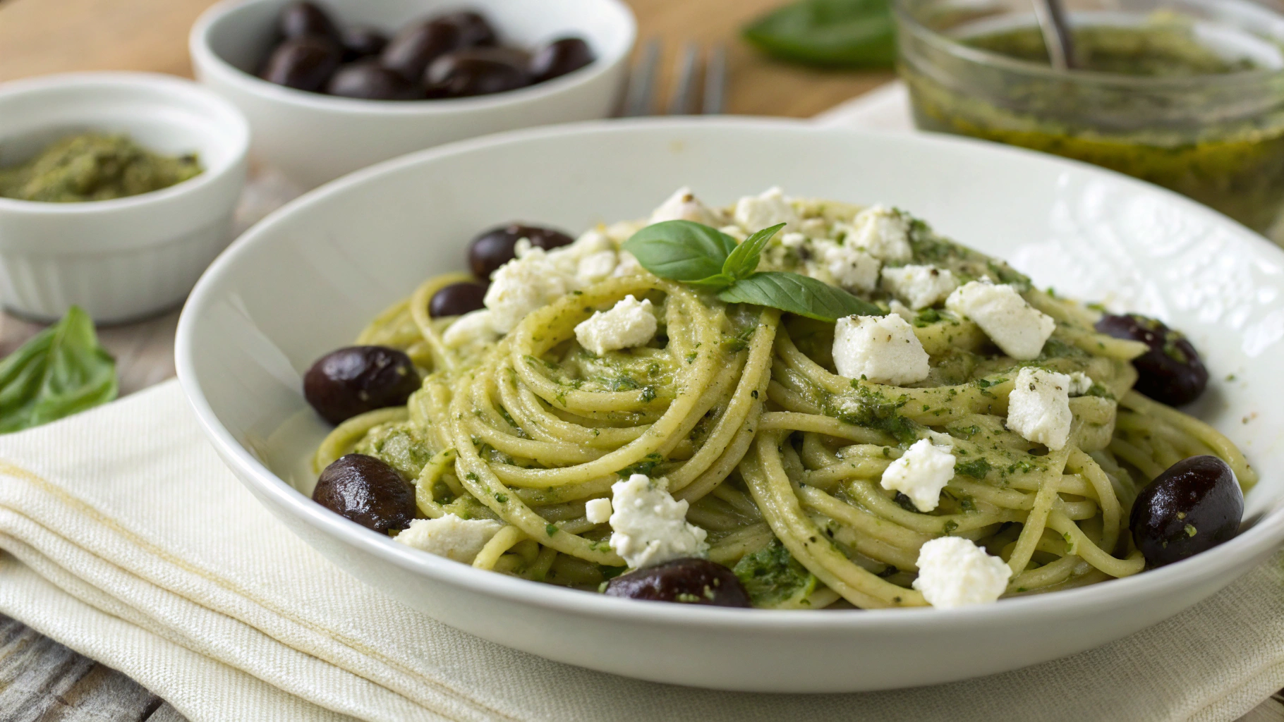 Pâtes pesto, feta & olives - recette française