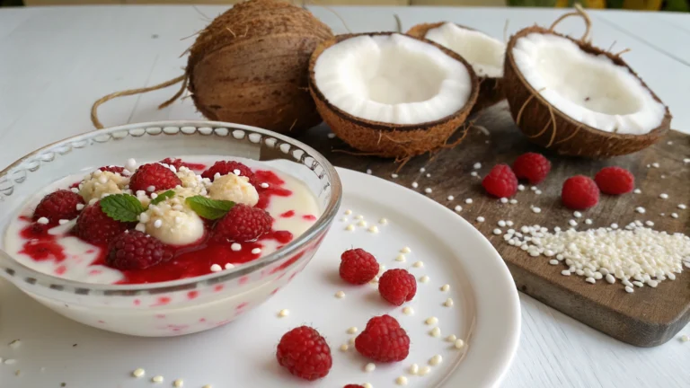 Perles du Japon au lait de coco et coulis de framboises - recette française