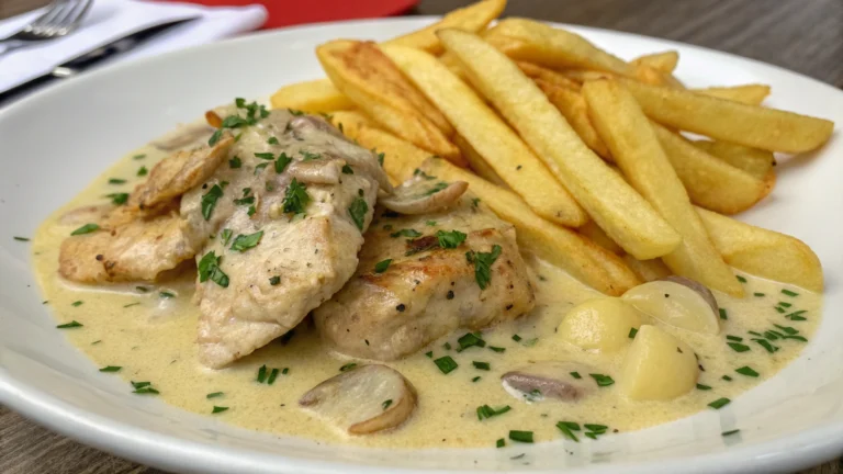 Poulet au Beurre Crémeux dans une Sauce à l’Ail avec Frites Dorées et Croustillantes - recette française