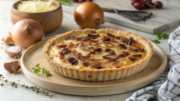 Quiche rustique aux oignons fondants, lardons & fromage - recette française
