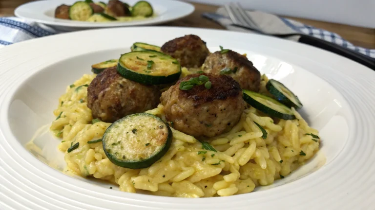 Risotto de pâtes aux courgettes et boulettes - recette française