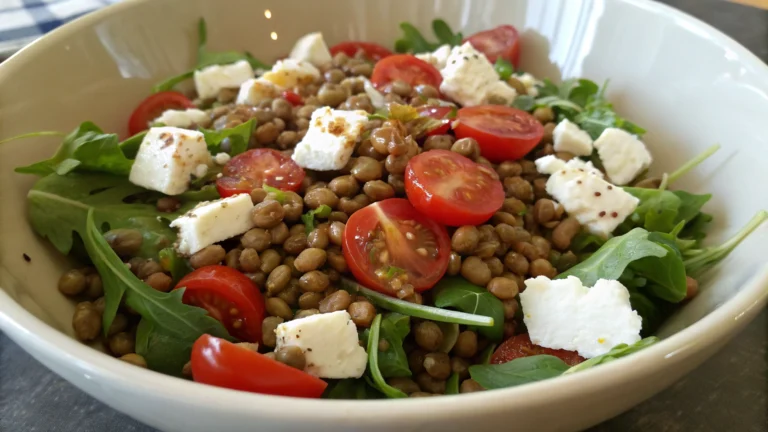 Salade de lentilles vertes, à la feta, aux tomates cerises et à la vinaigrette au miel - recette française