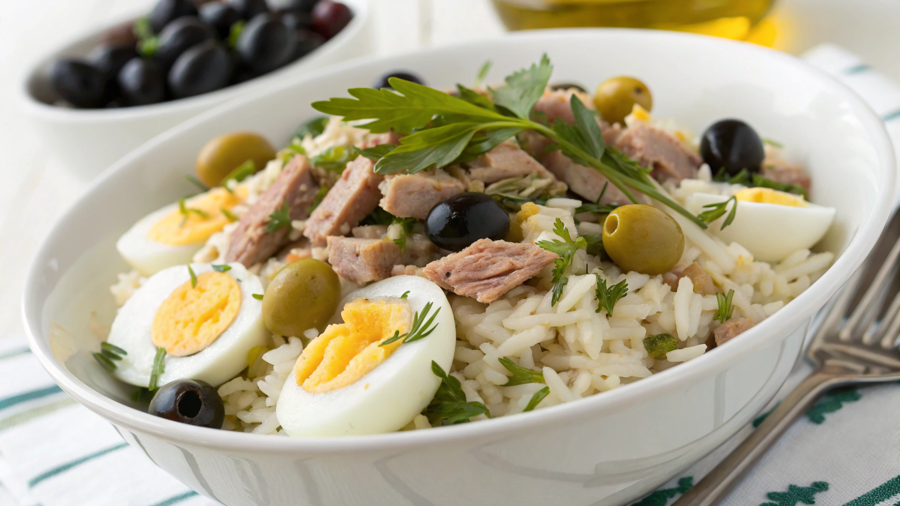 Salade de riz au thon, œuf dur et olives - recette française