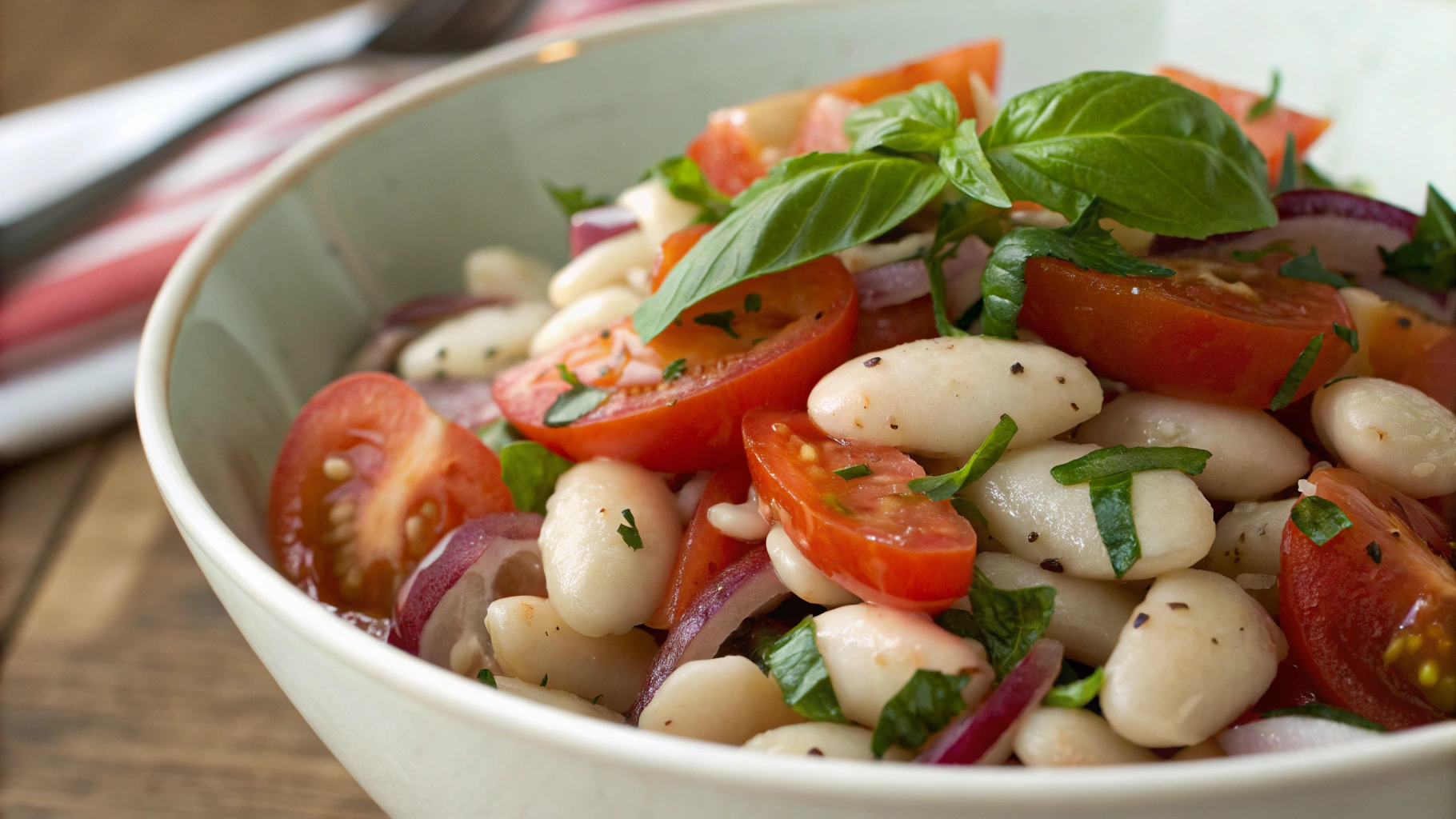 Salade d’haricots blancs, tomates, oignon rouge et basilic - recette française