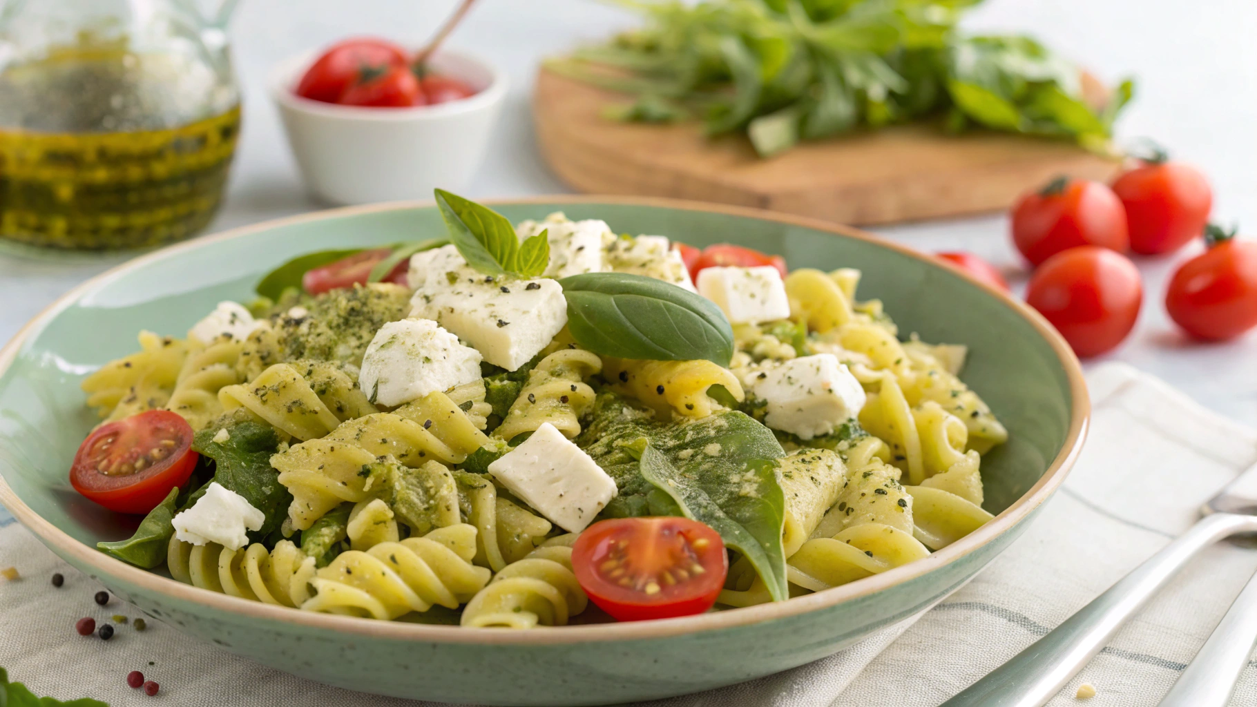 Salade ensoleillée aux pâtes, pesto et feta - recette française