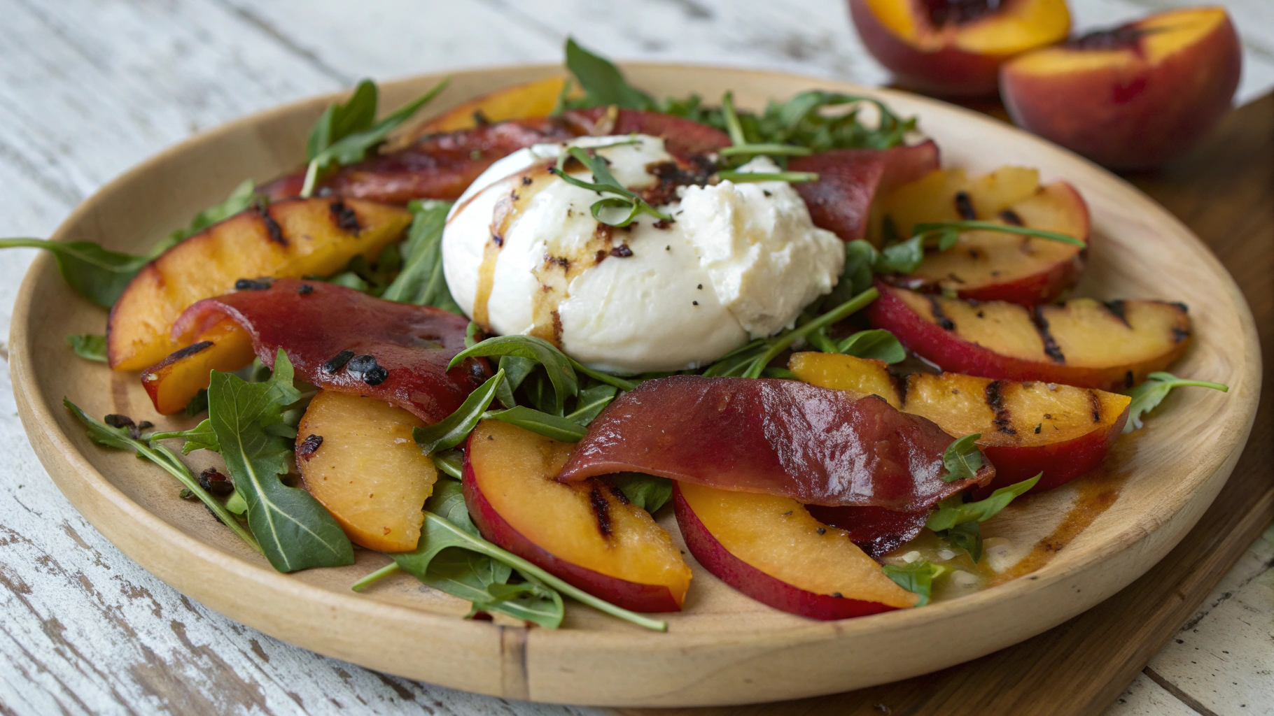 Salade Estivale de Pêches Grillées, Burrata Crémeuse et Bresaola - recette française