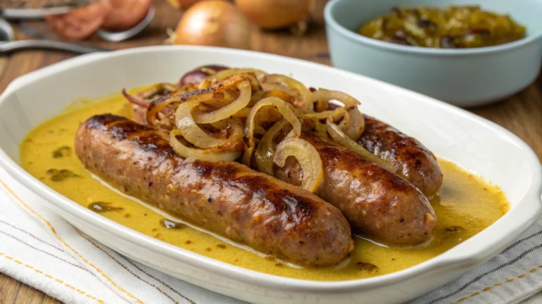 Saucisses fondantes à la moutarde et oignons caramélisés - recette française