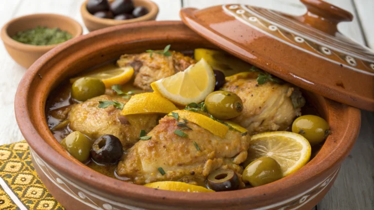 Tagine de poulet marocain aux citrons confits piquants et aux olives savoureuses - recette française