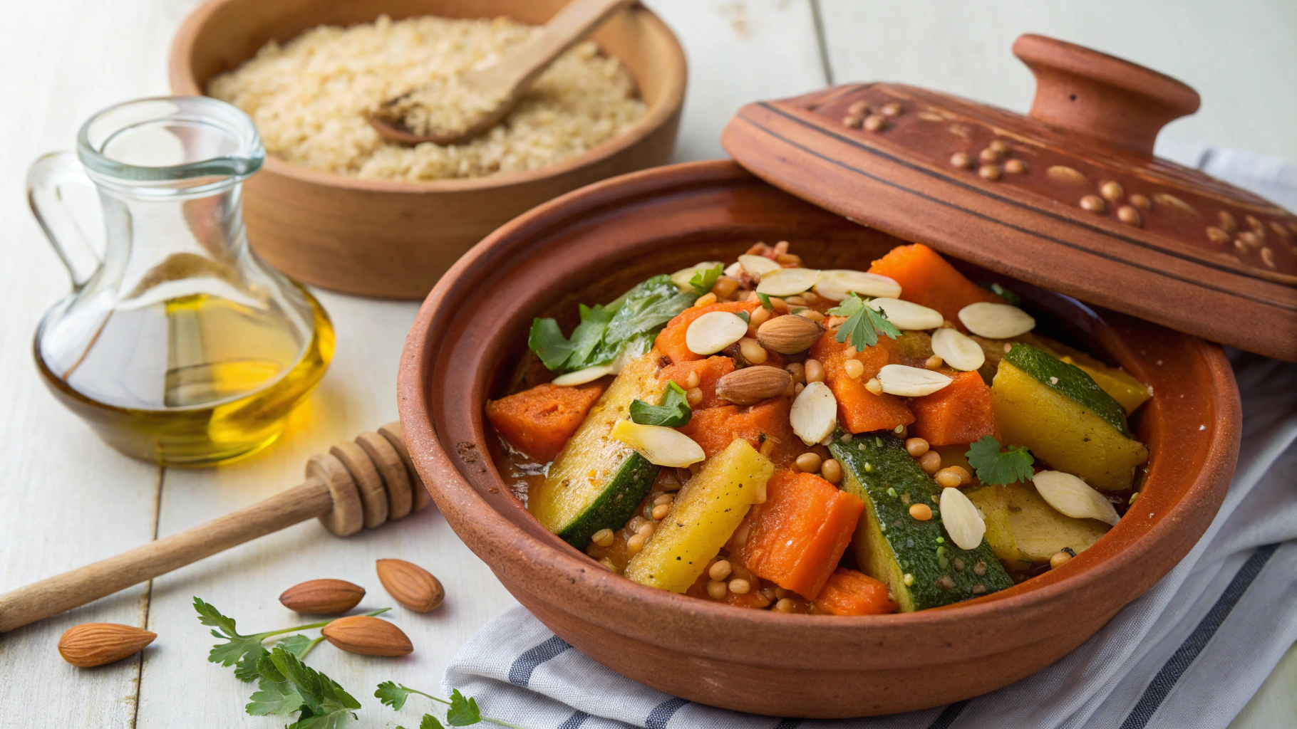Tajine marocain de légumes avec une touche sucrée de miel et d’amandes croquantes - recette française