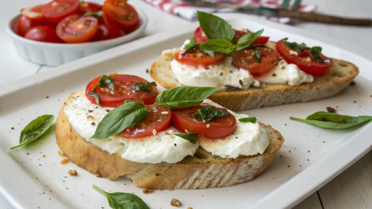 Toasts crémeux à la burrata avec garniture à la tomate et au basilic - recette française