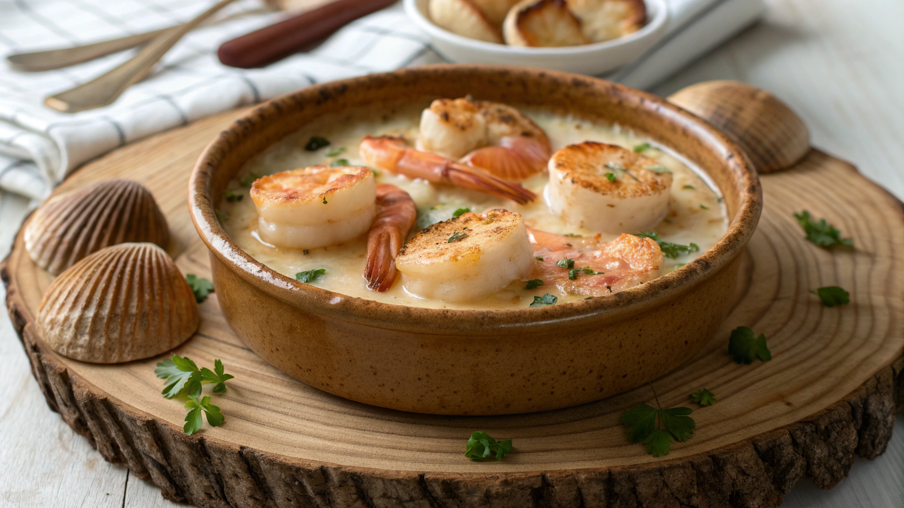 Cassolette de Saint-Jacques, Crevettes et Sauce au Vin Blanc - recette française