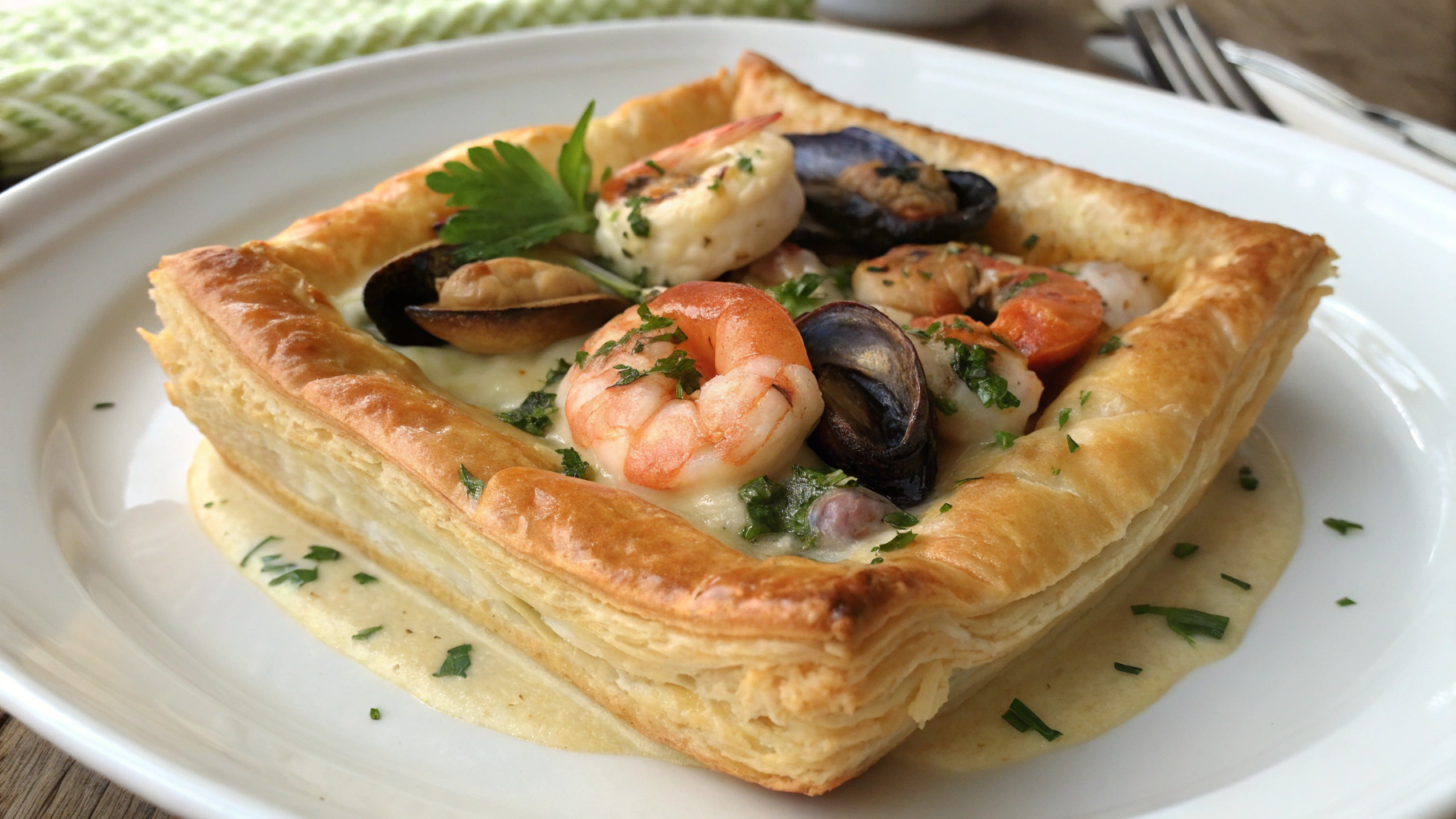 Feuilleté aux Saint-Jacques, Moules et Crevettes en Sauce Crémeuse - recette française