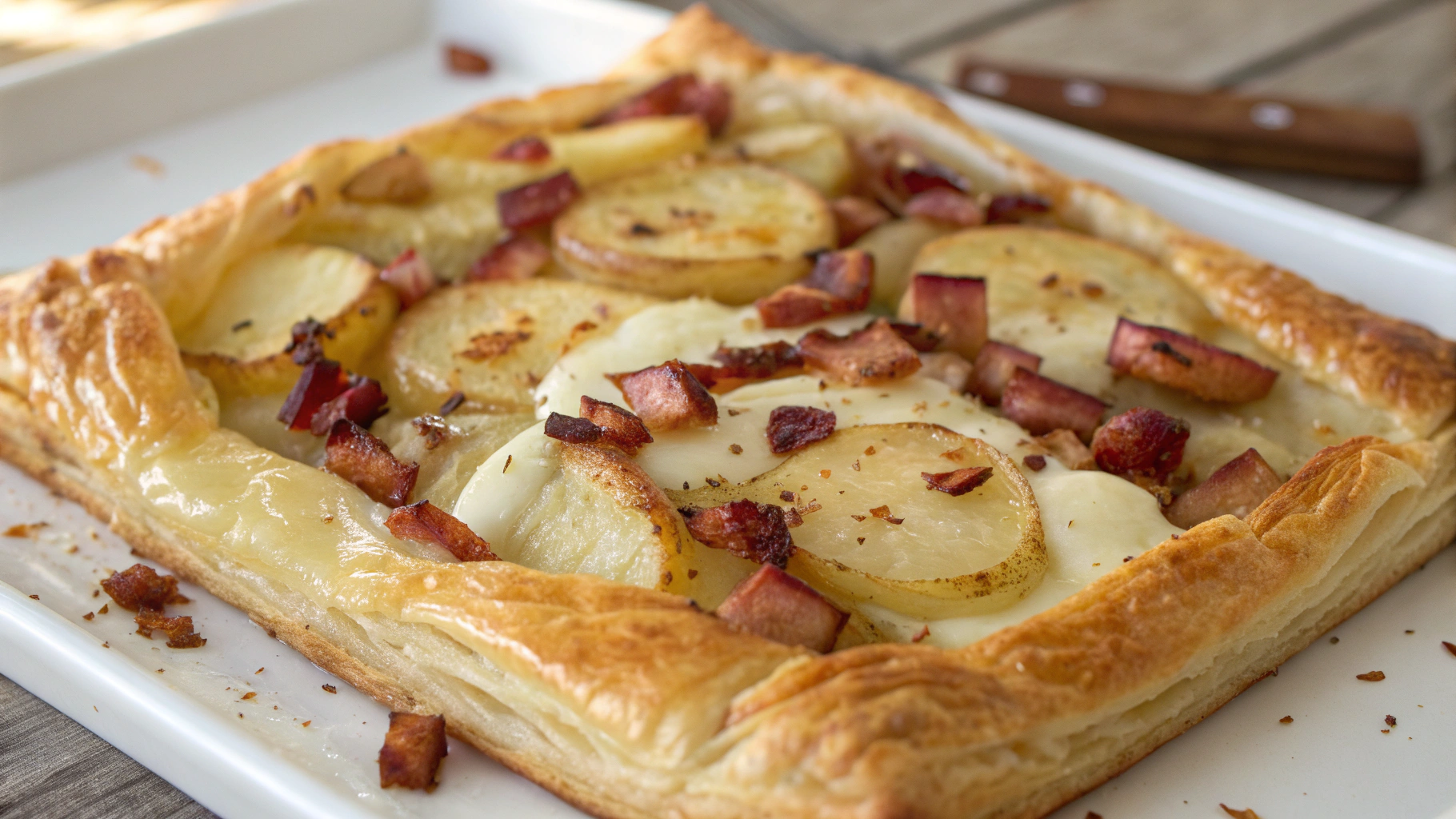 Feuilleté croustillant au camembert, pommes de terre et lardons - recette française