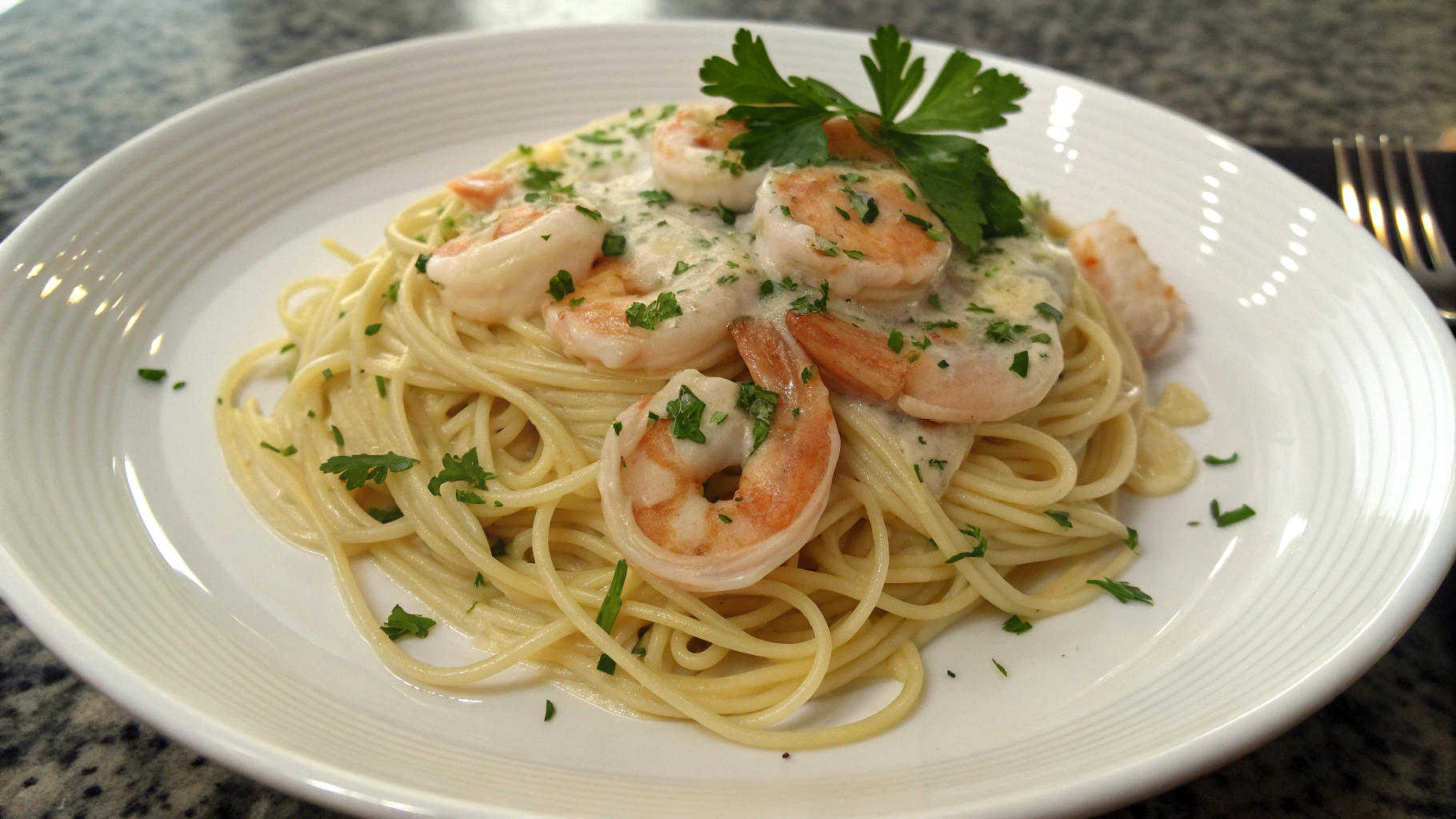 Spaghettis aux Crevettes et Sauce Crème Ail & Persil - recette française