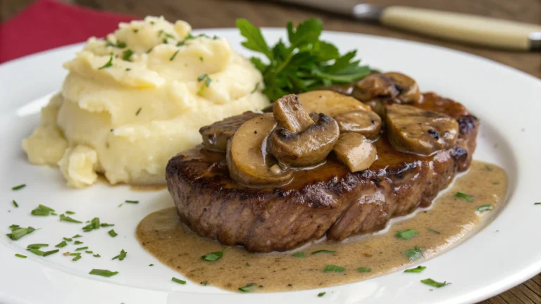 Steak avec Sauce aux Champignons et Purée de Pommes de Terre Crémeuse - recette française