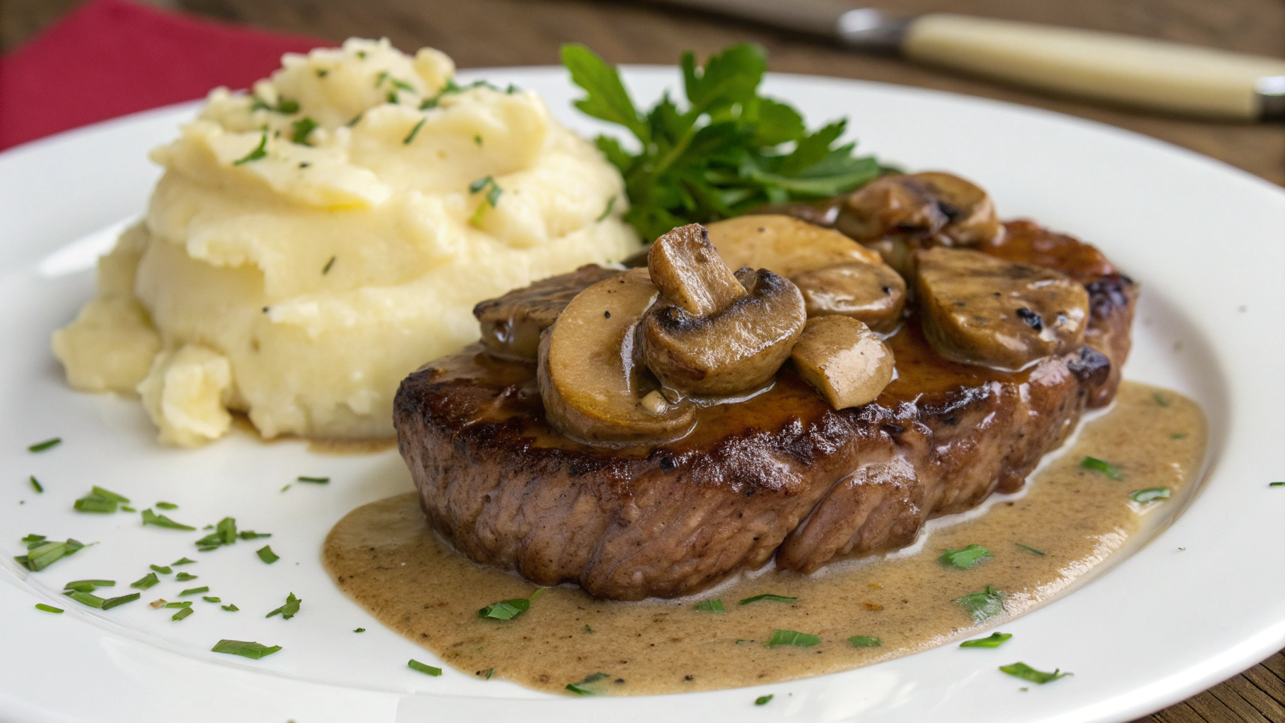Steak avec Sauce aux Champignons et Purée de Pommes de Terre Crémeuse - recette française