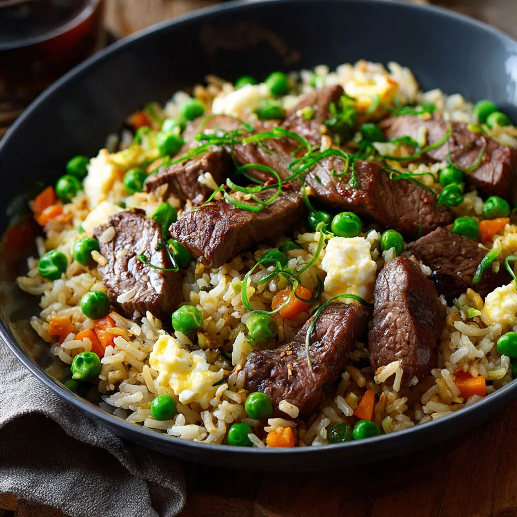 Délice de riz sauté au steak et beurre à l'ail