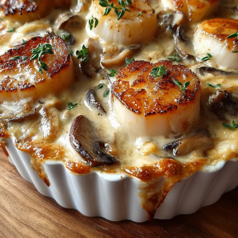 Délice de Saint-Jacques gratiné aux champignons et crème.