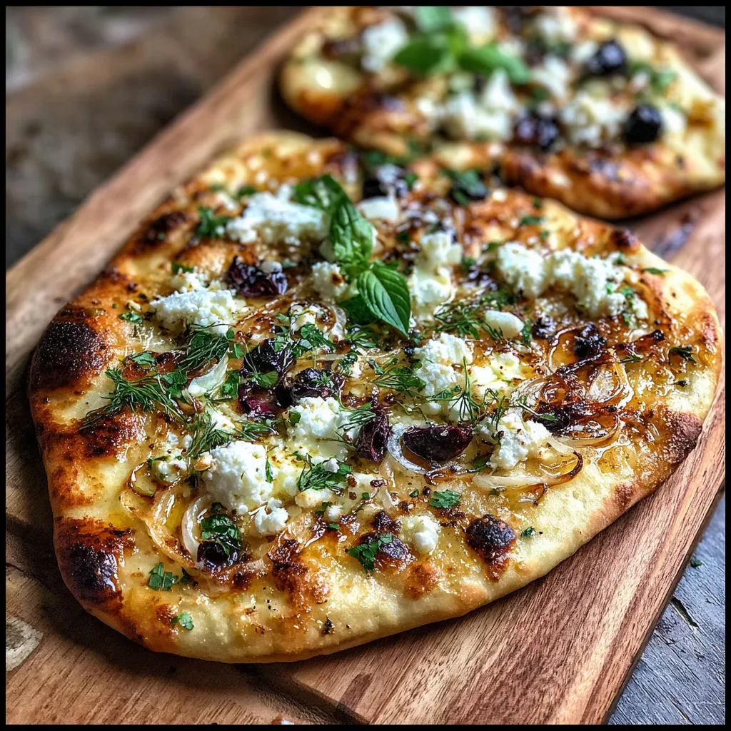 Délicieuse pizza naan aux myrtilles, feta et oignons