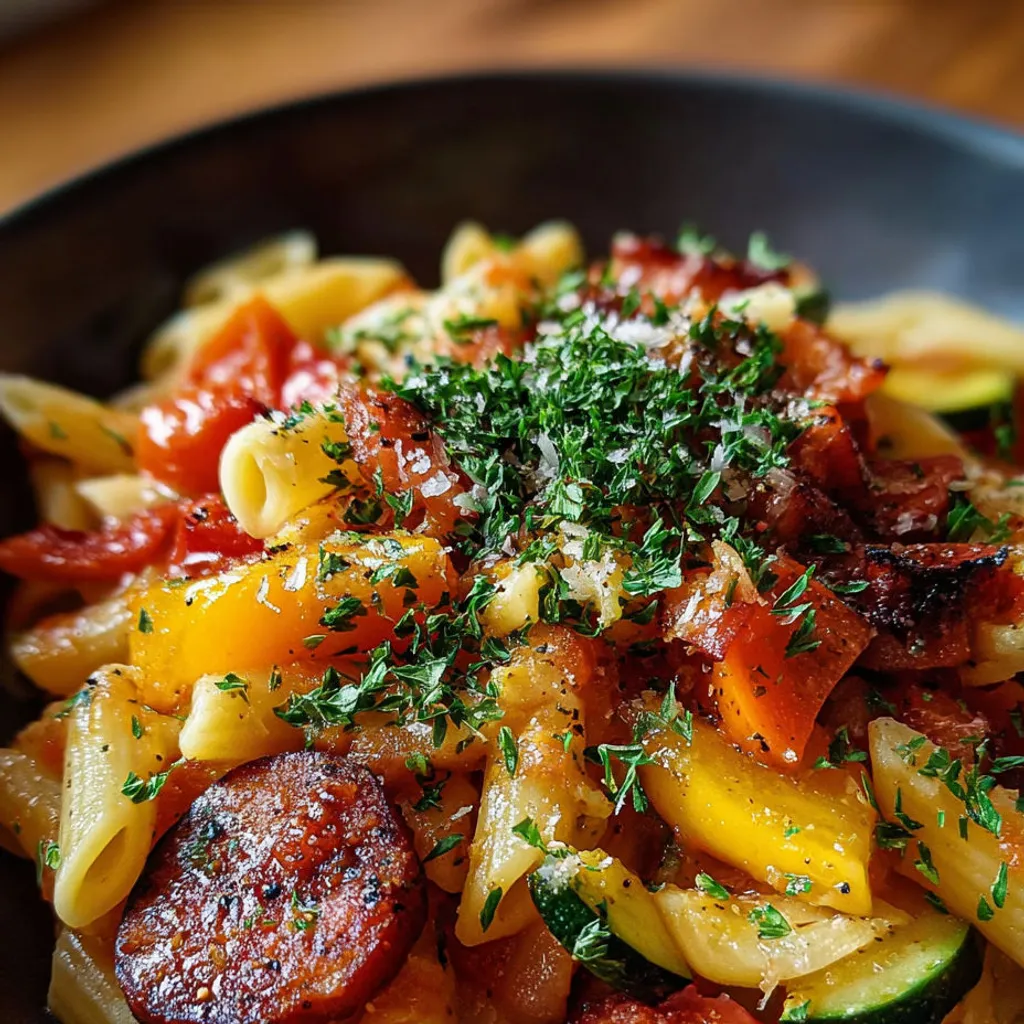 Délicieuses pâtes aux légumes en sauce tomate bouillonnante