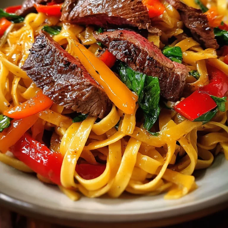 Délicieuses pâtes sautées avec steak et poivron