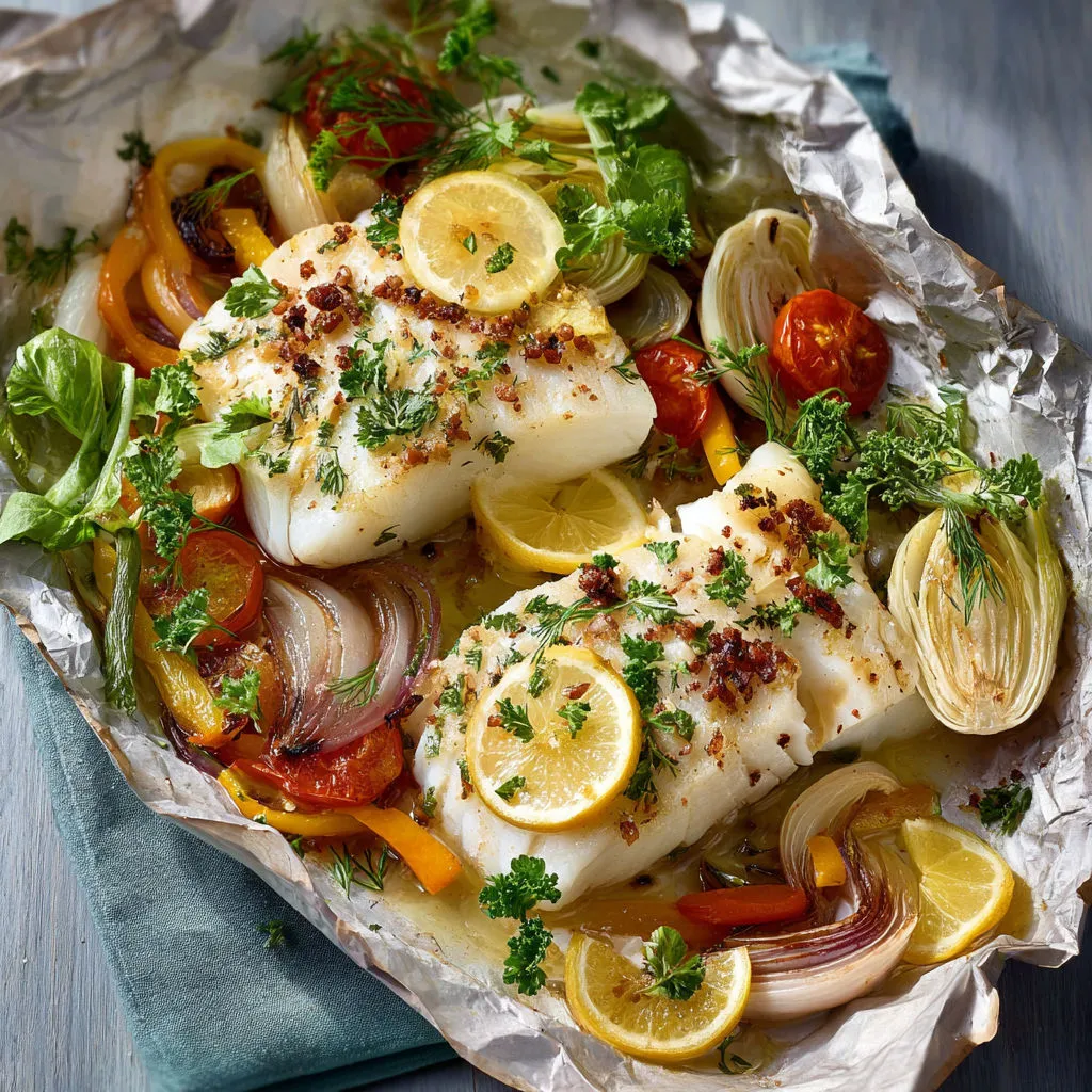 Délicieux cabillaud citronné cuit en papillote avec légumes
