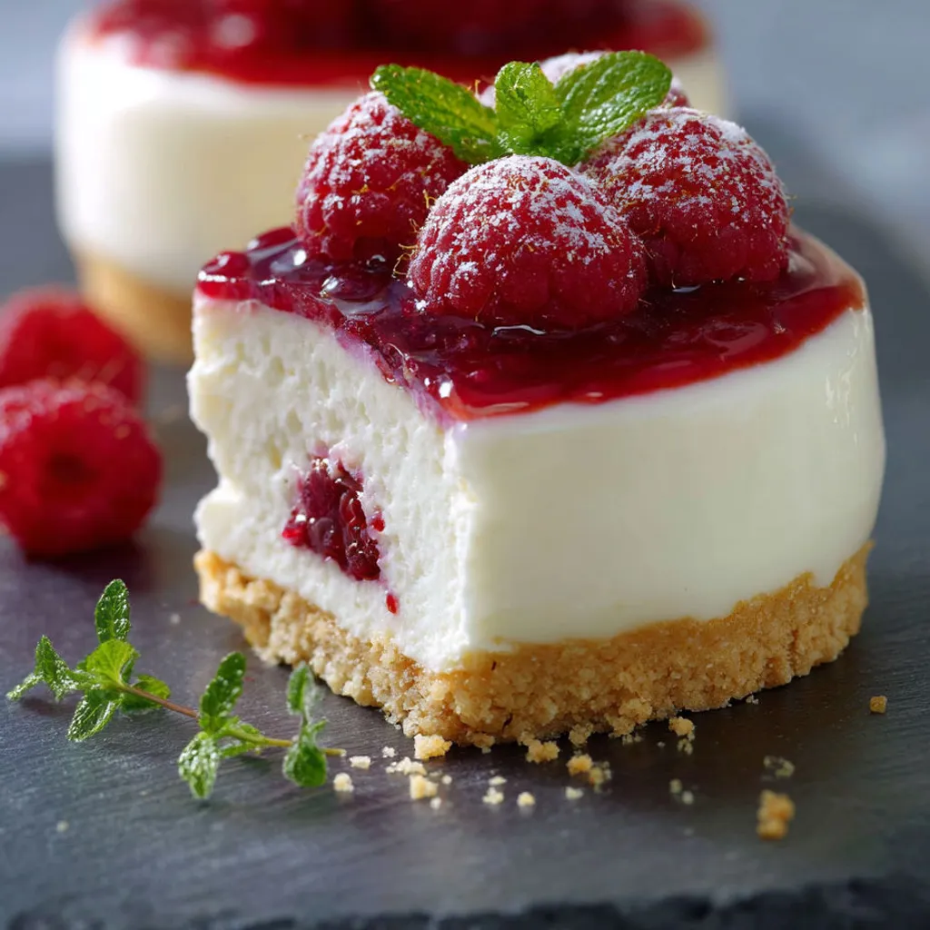 Délicieux cheesecake citronné à la menthe et framboises