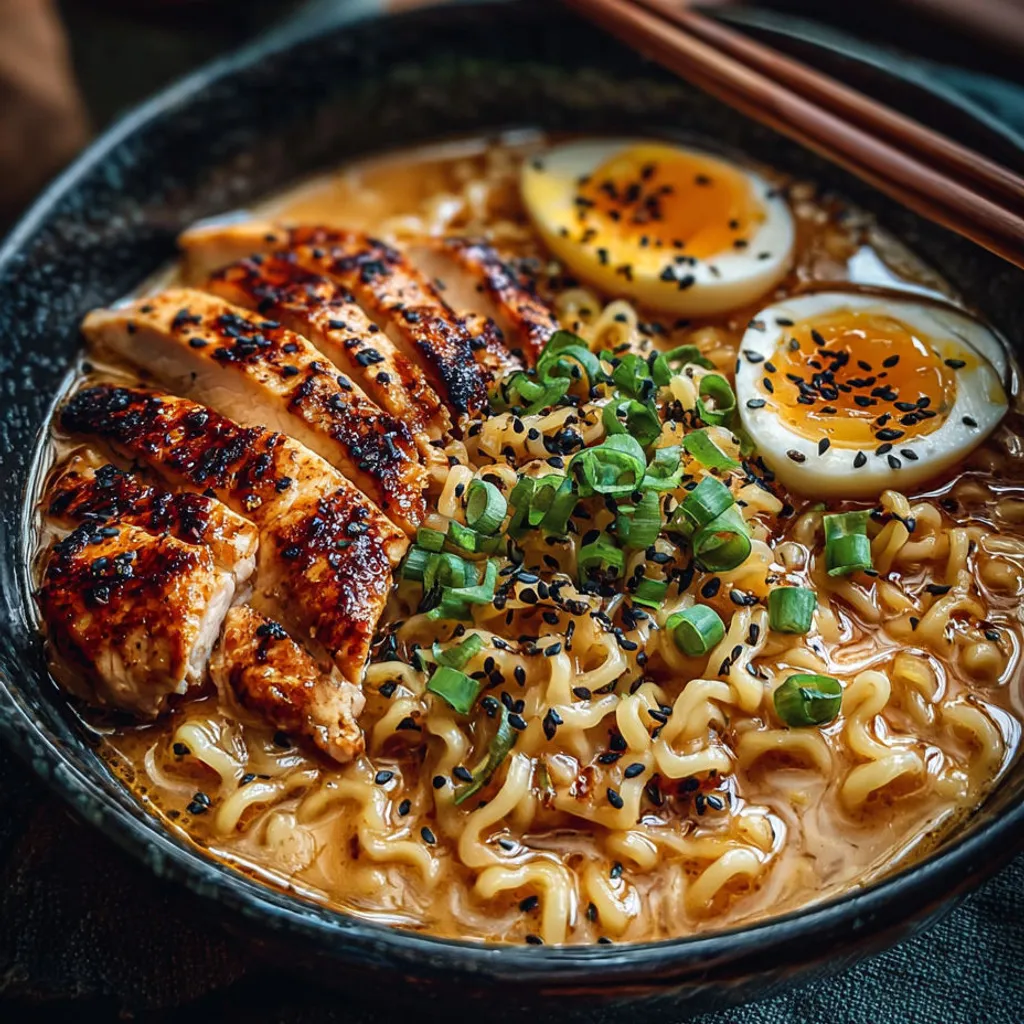 Délicieux ramen au poulet épicé et sauce à l'ail