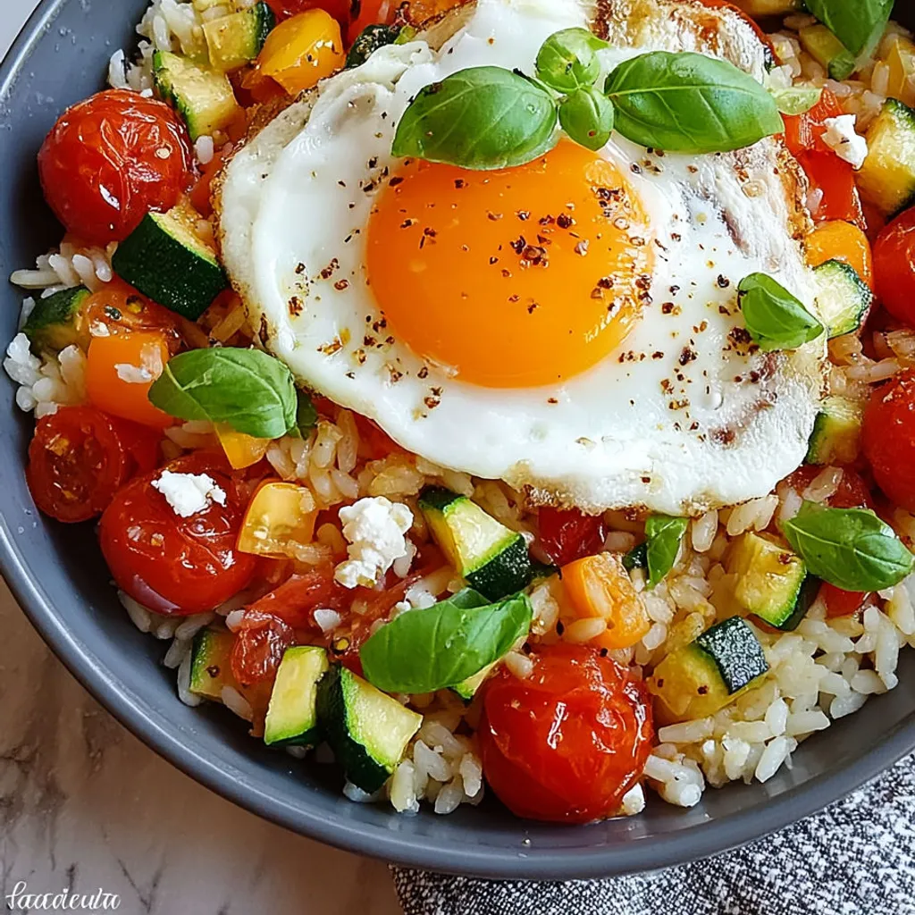 Délicieux riz sauté aux courgettes, tomates et œuf !