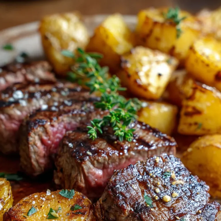 Savoureux steak grillé avec accompagnement de pommes.