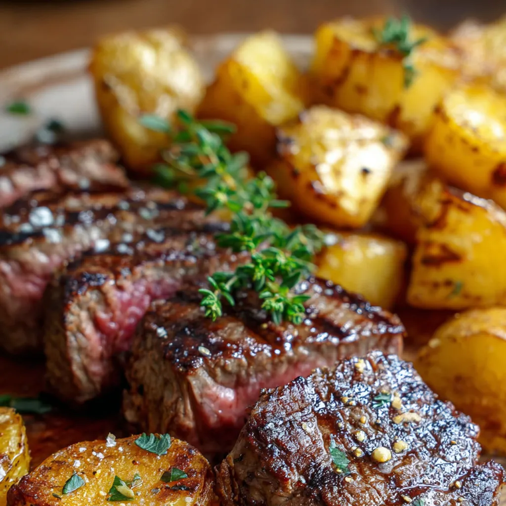 Savoureux steak grillé avec accompagnement de pommes.