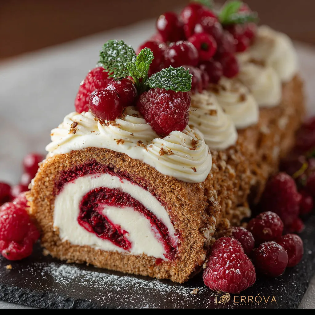 Bûche gourmande: mascarpone, chocolat blanc, framboises, Noël.