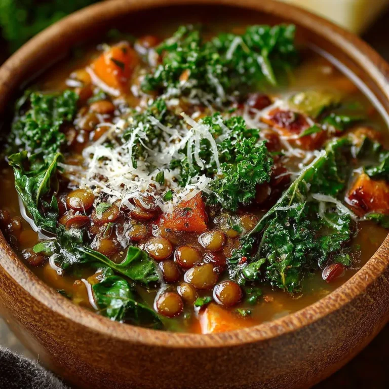 Délicieuse soupe aux lentilles, kale et parmesan