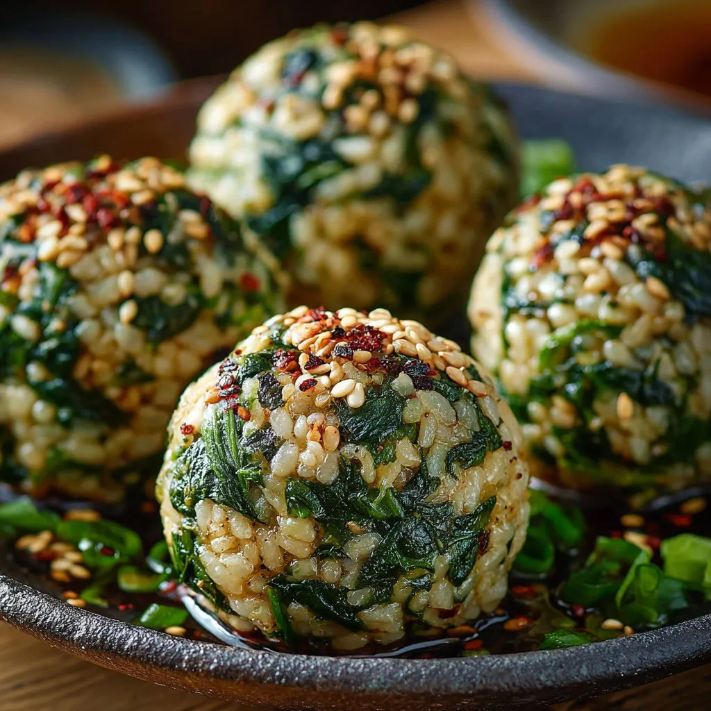 Délicieuses boulettes: riz, épinards et graines de sésame.