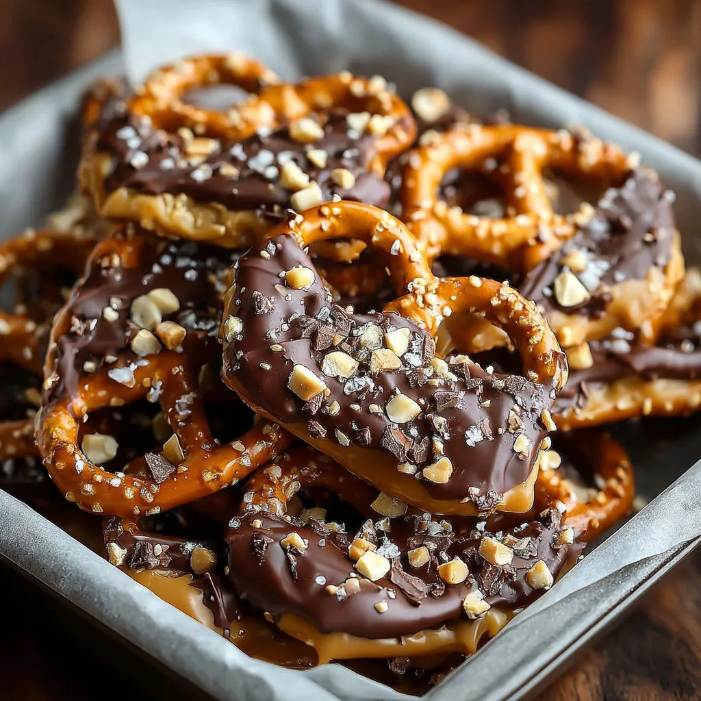 Délicieux bretzels enrobés de toffee chocolat cacahuètes