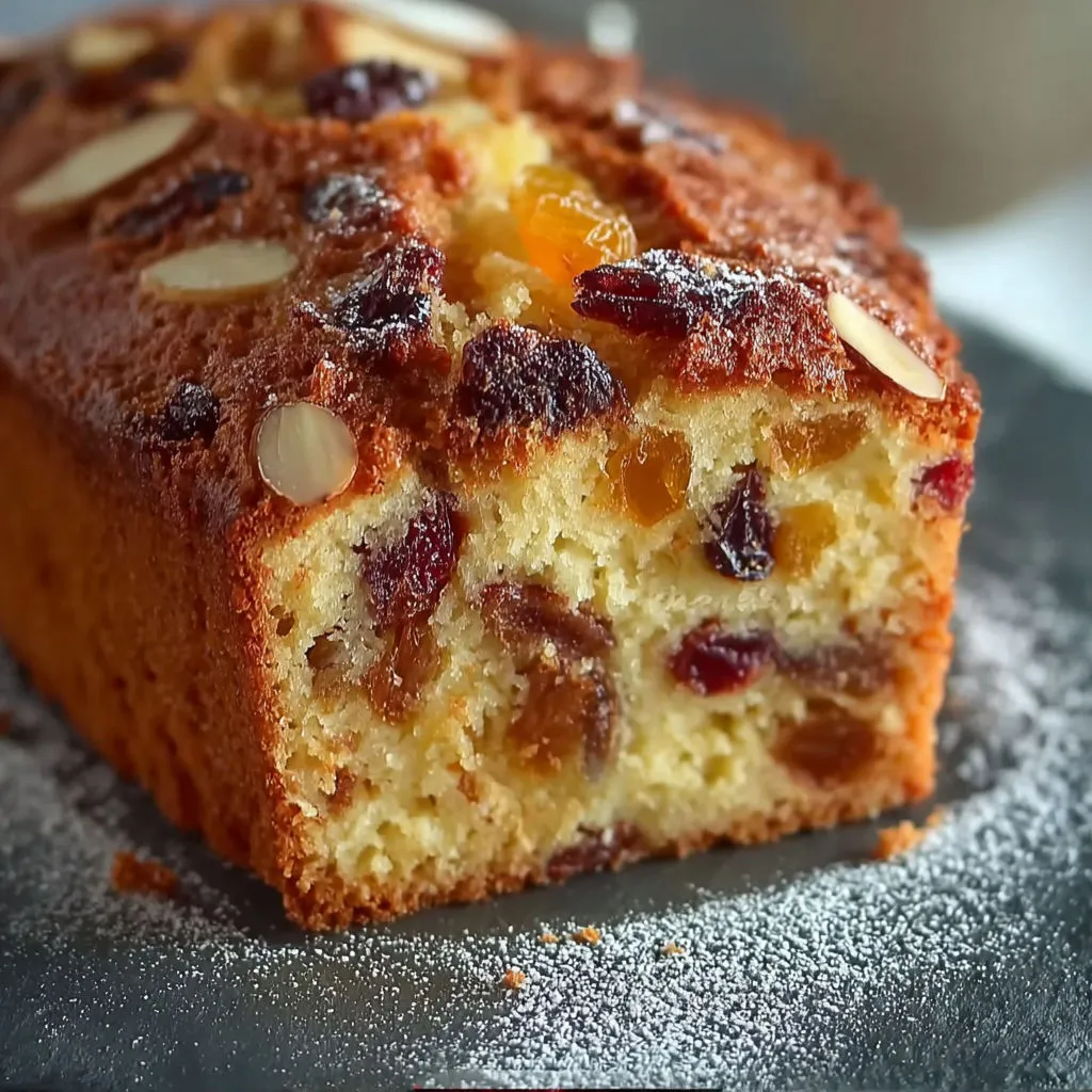 Délicieux cake aux fruits secs, vanille et amandes.
