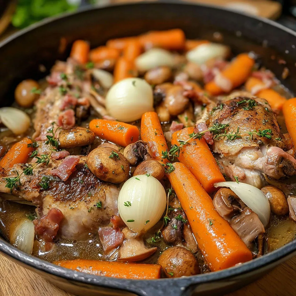 Délicieux lapin chasseur aux champignons et lardons.