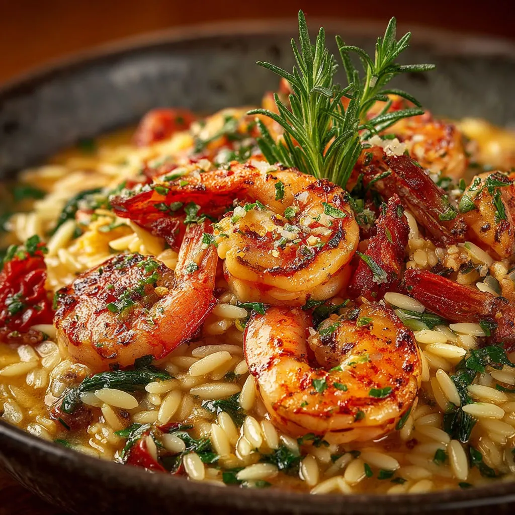Délicieux Orzo aux Crevettes et Légumes dans une Bisque