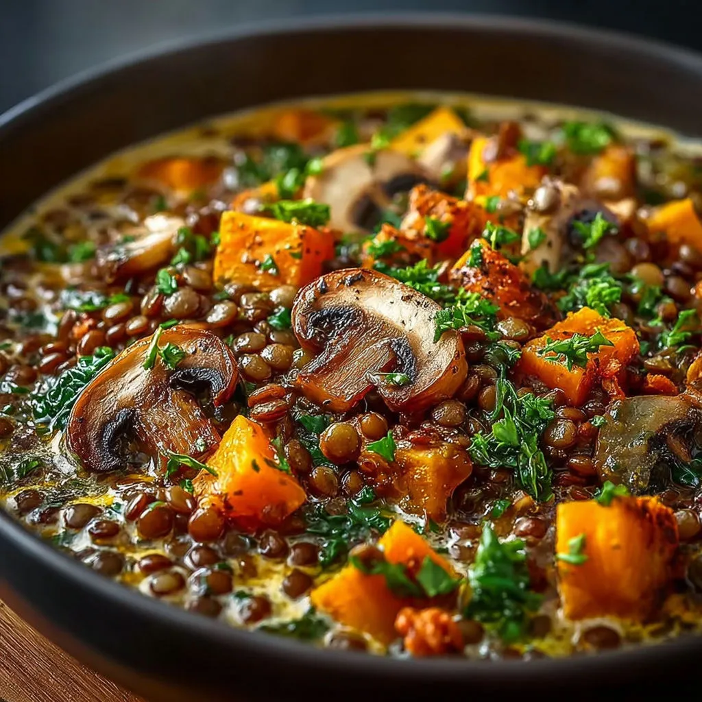 Délicieux ragoût forestier aux lentilles et potiron bio