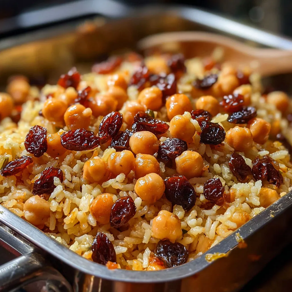 Délicieux riz aux chiches et raisins cuit au four