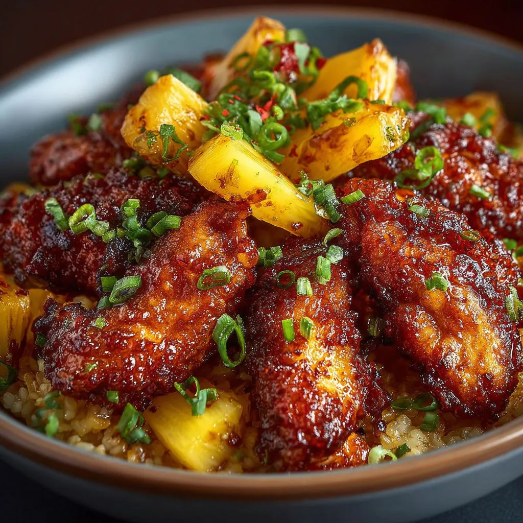 Délicieux riz frit au poulet, bacon et ananas